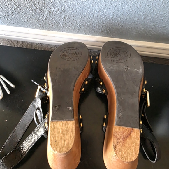 Tory Burch Black Leather Wood Platform Sandles 10.5 Medium - Picture 6 of 8